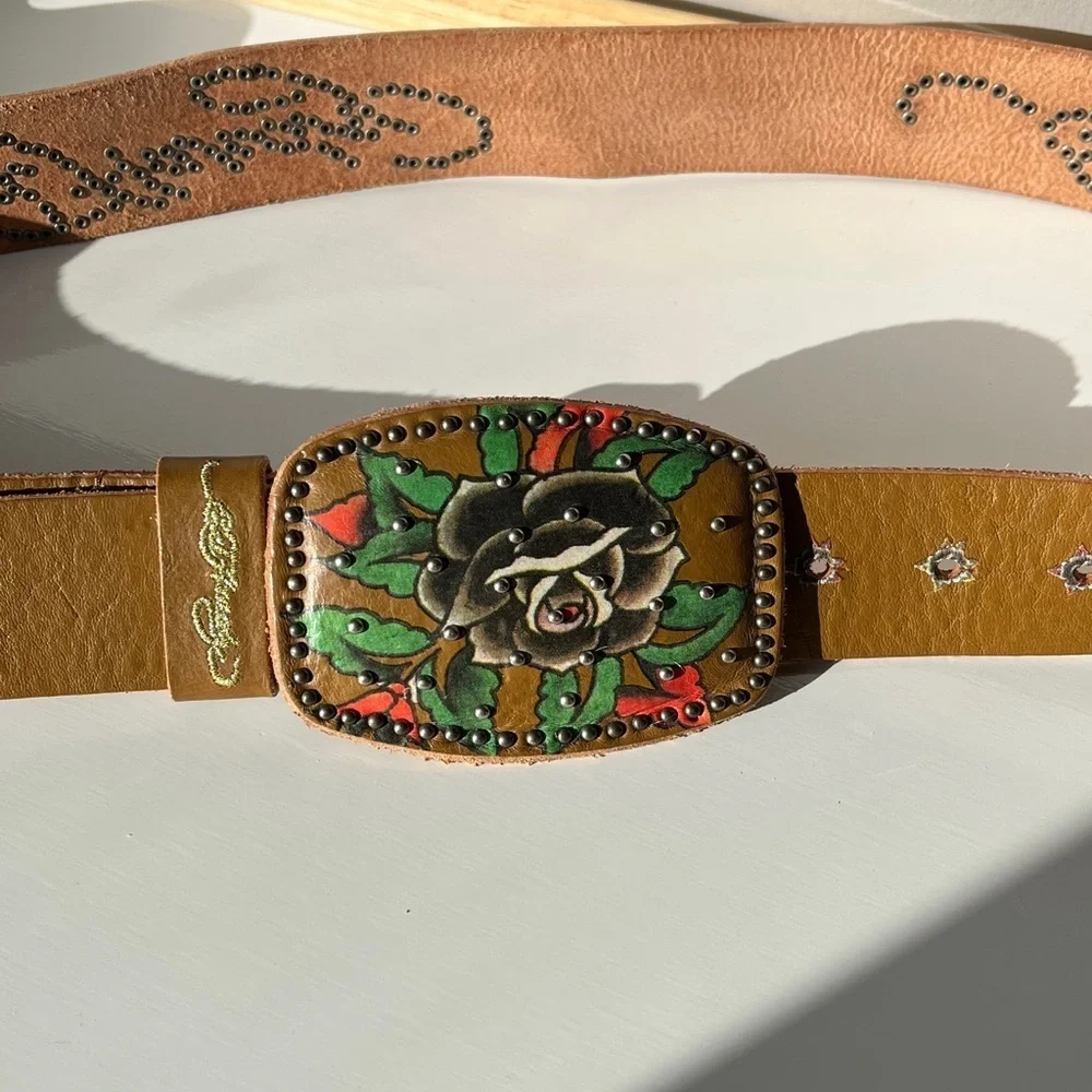 Ed Hardy Leather Belt Yellow Rose Tattoo Buckle Adjustable Size L Vintage Style